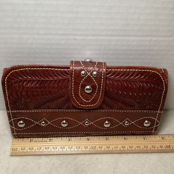 American West Genuine Leather Western Tooled Wallet Brown Snap Closure - Picture 15 of 16